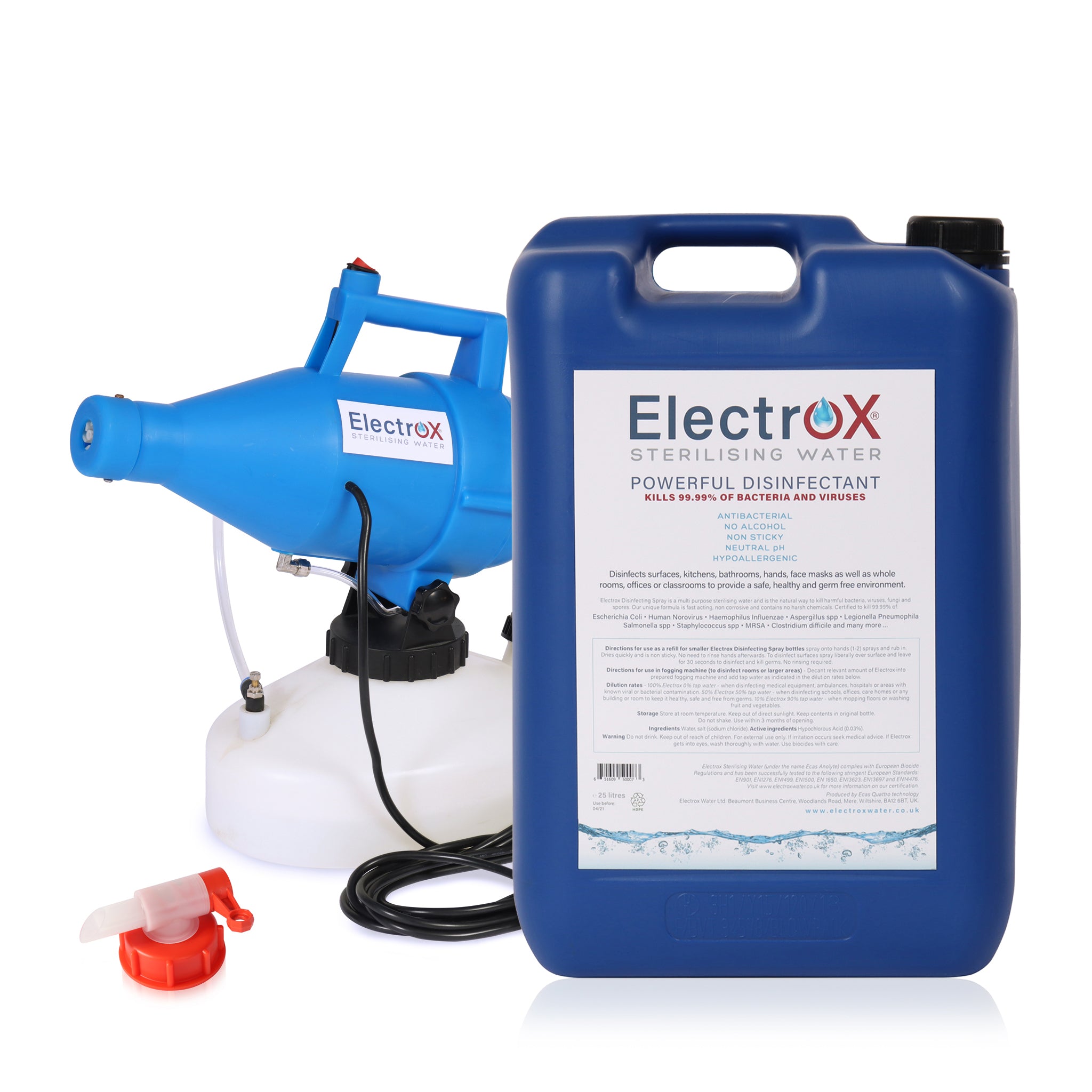 Electrox F450 Fogger with 25 Litre bulk container of Electrox Sterilising Water and complimentary dispenser tap.